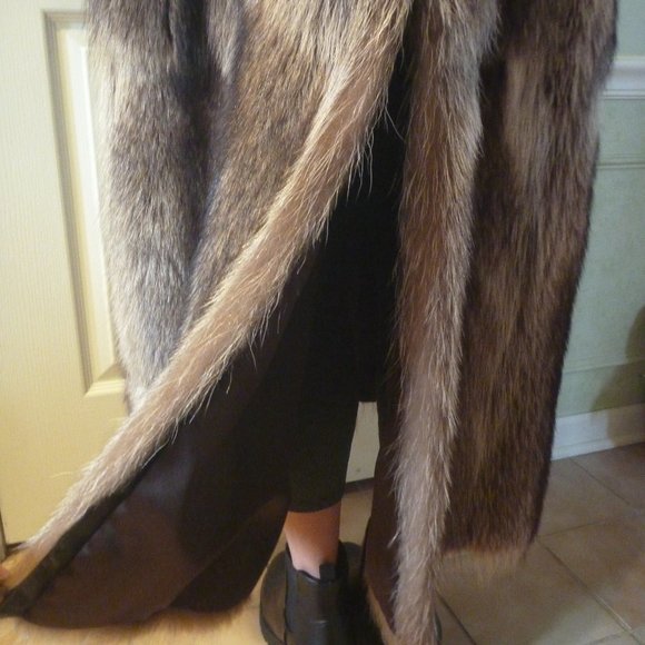 Long Racoon Real Fur Long Coat L Women Brown Gray USA Slit Ear Muffs Set - Picture 9 of 15